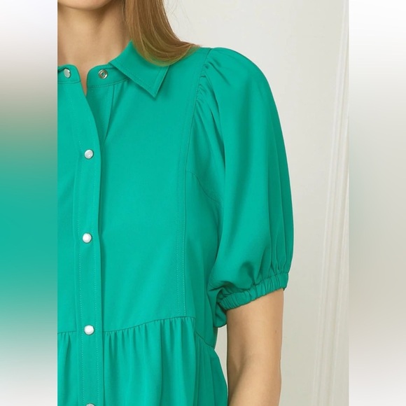 ENTRO Kelly Green Babydoll Style Collared Puff Sleeve Dress Pearl Snap - Picture 9 of 11